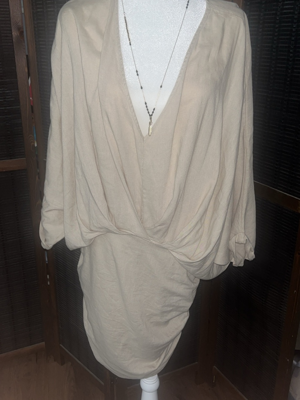 Free People Beige Draped V-Neck Midi Dress